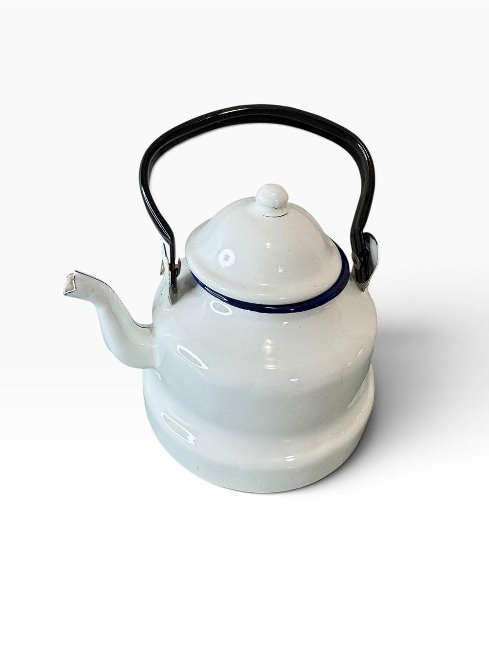 Vintage Enamelware Tea Kettle – White with Blue Trim & Black Handle